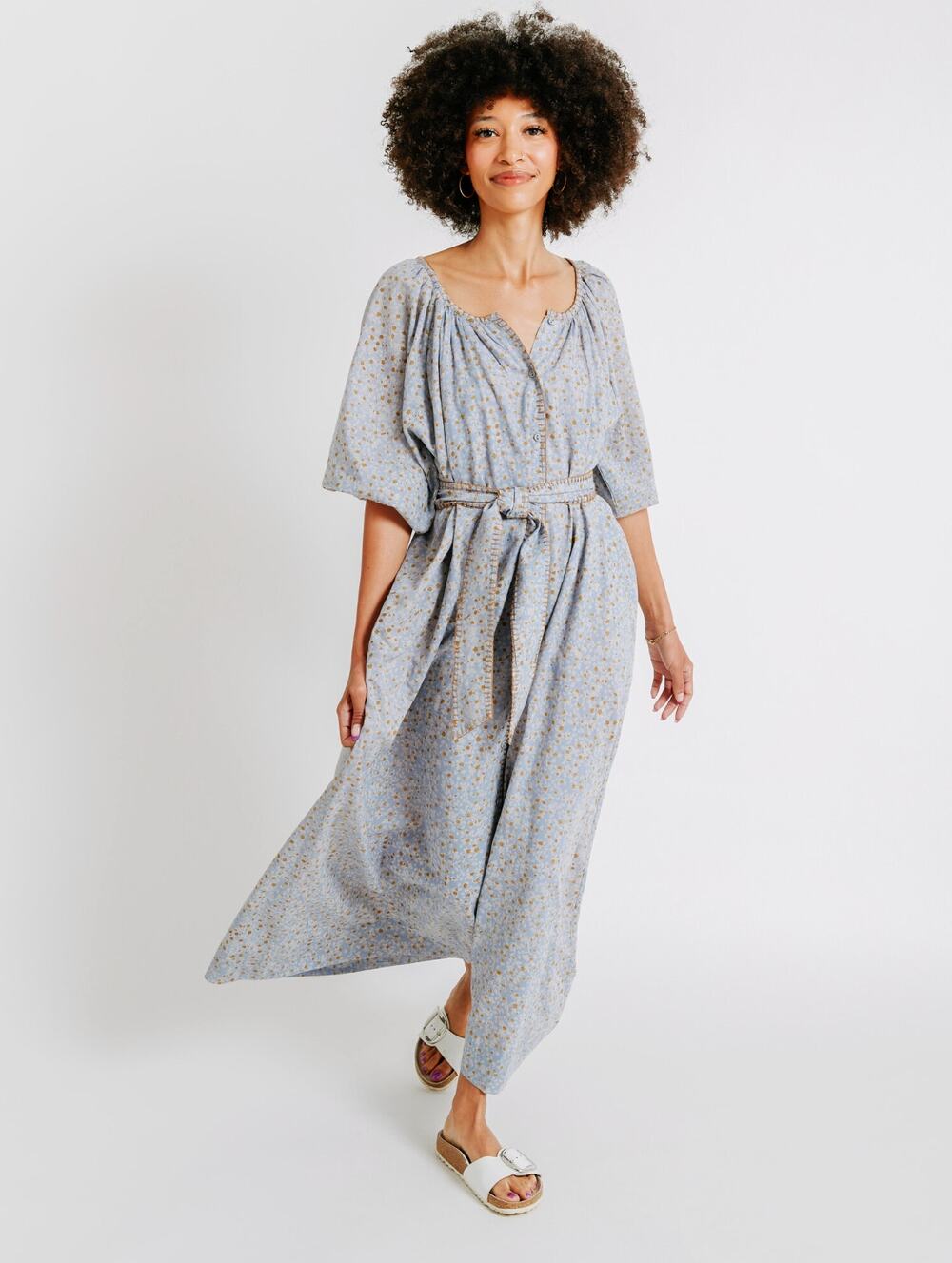 Mirth Blue Seville Field Flower Caftan Belted Maxi Dress Size XS